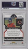 Justin Fields from the 2021 Panini Prizm set featuring a Silver Prizm parallel graded by PSA and given an overall grade of 10.