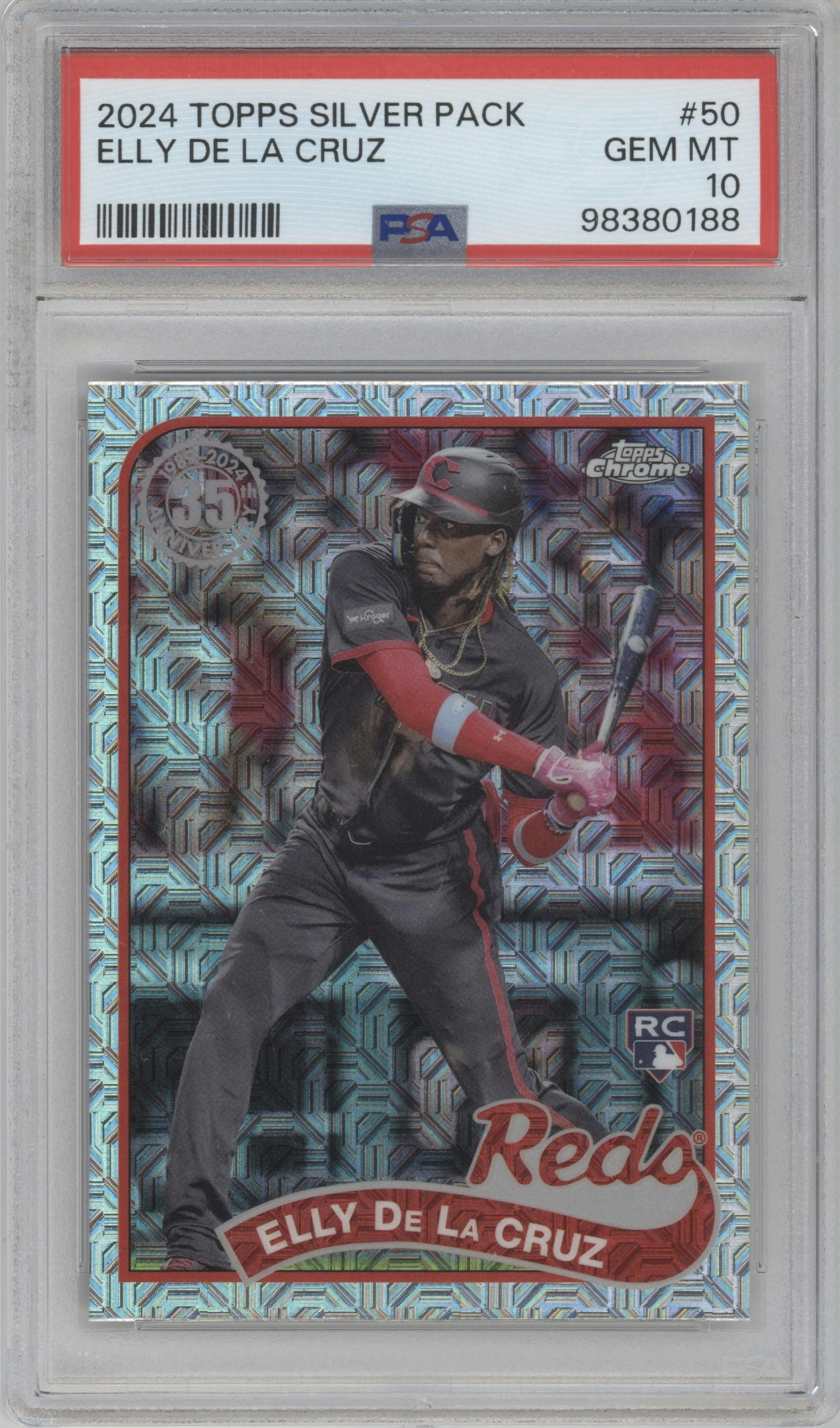 Elly De La Cruz  from the 2024 Topps Series 2 Silver Pack set graded by PSA and given an overall grade of 10.