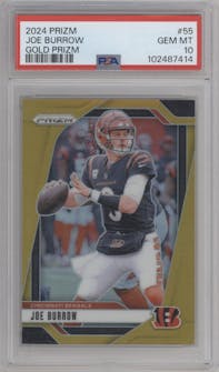 Joe Burrow from the 2024 Panini Prizm set featuring a Gold Prizm parallel graded by PSA and given an overall grade of 10.