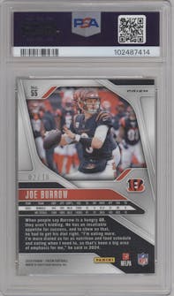 Joe Burrow from the 2024 Panini Prizm set featuring a Gold Prizm parallel graded by PSA and given an overall grade of 10.