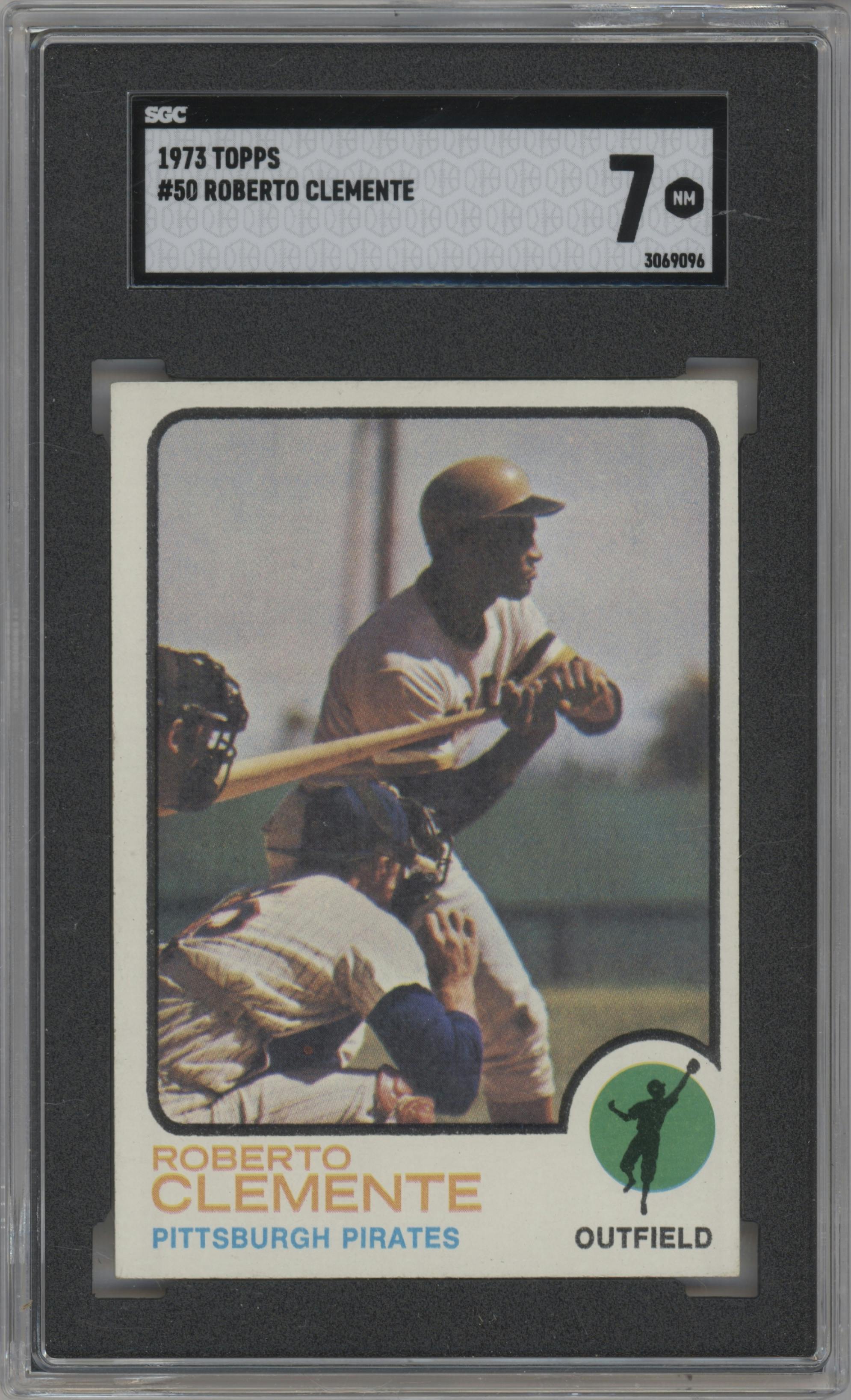 Roberto Clemente from the 1973 Topps set graded by SGC and given an overall grade of 7.