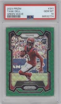 Tank Dell from the 2023 Panini Prizm set featuring a Green Wave  parallel graded by PSA and given an overall grade of 10.