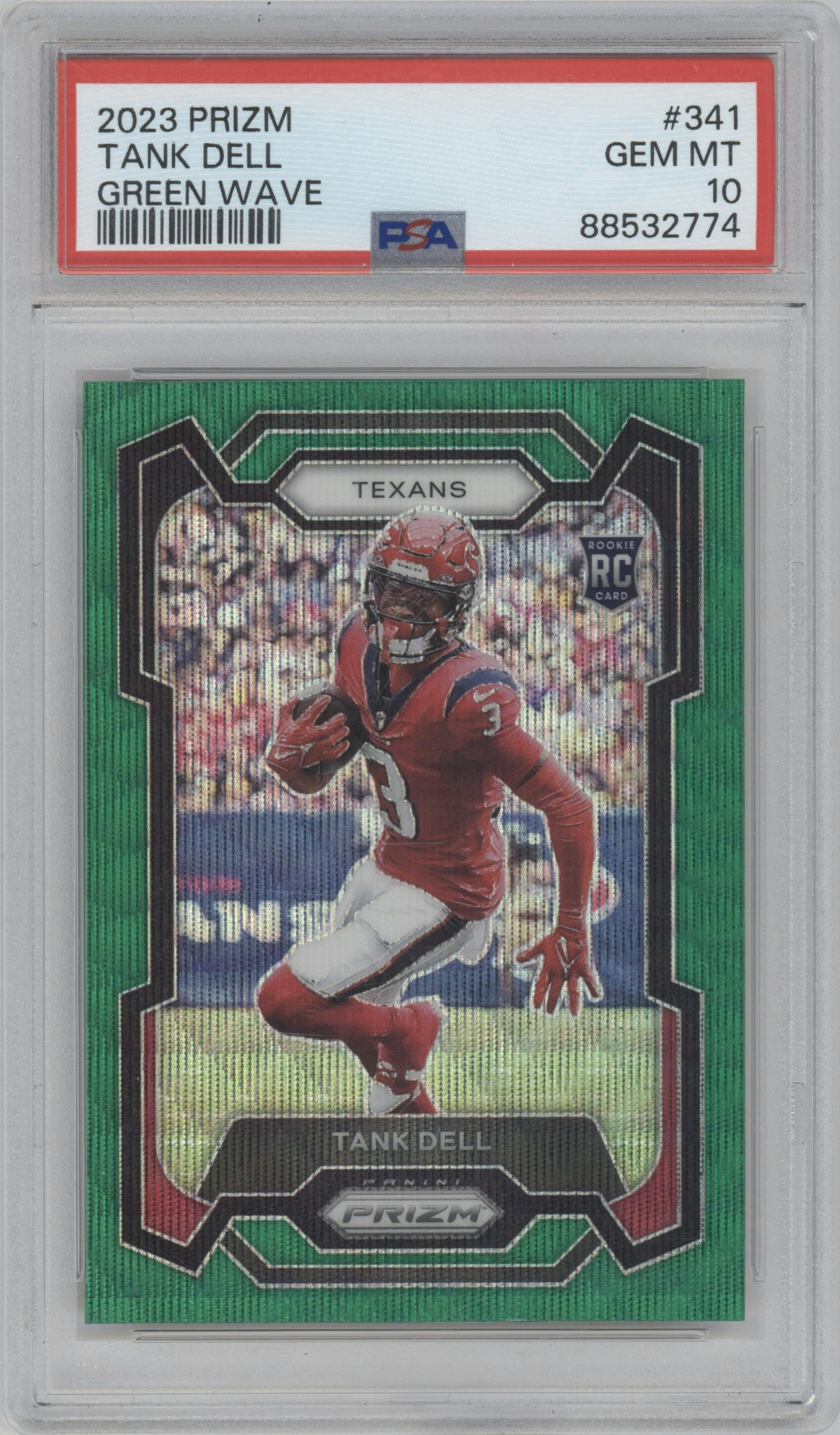 Tank Dell from the 2023 Panini Prizm set featuring a Green Wave  parallel graded by PSA and given an overall grade of 10.