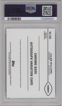 Caleb Williams from the 2024 Topps Chrome set featuring a Aqua Geometric Refractor parallel graded by PSA and given an overall grade of 10.
