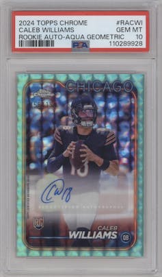 Caleb Williams from the 2024 Topps Chrome set featuring a Aqua Geometric Refractor parallel graded by PSA and given an overall grade of 10.