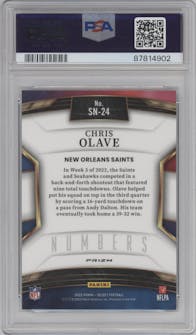 Chris Olave from the 2022 Panini Select set featuring a Zebra Prizm parallel graded by PSA and given an overall grade of 10.