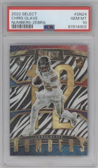 Chris Olave from the 2022 Panini Select set featuring a Zebra Prizm parallel graded by PSA and given an overall grade of 10.