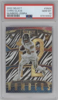 Chris Olave from the 2022 Panini Select set featuring a Zebra Prizm parallel graded by PSA and given an overall grade of 10.