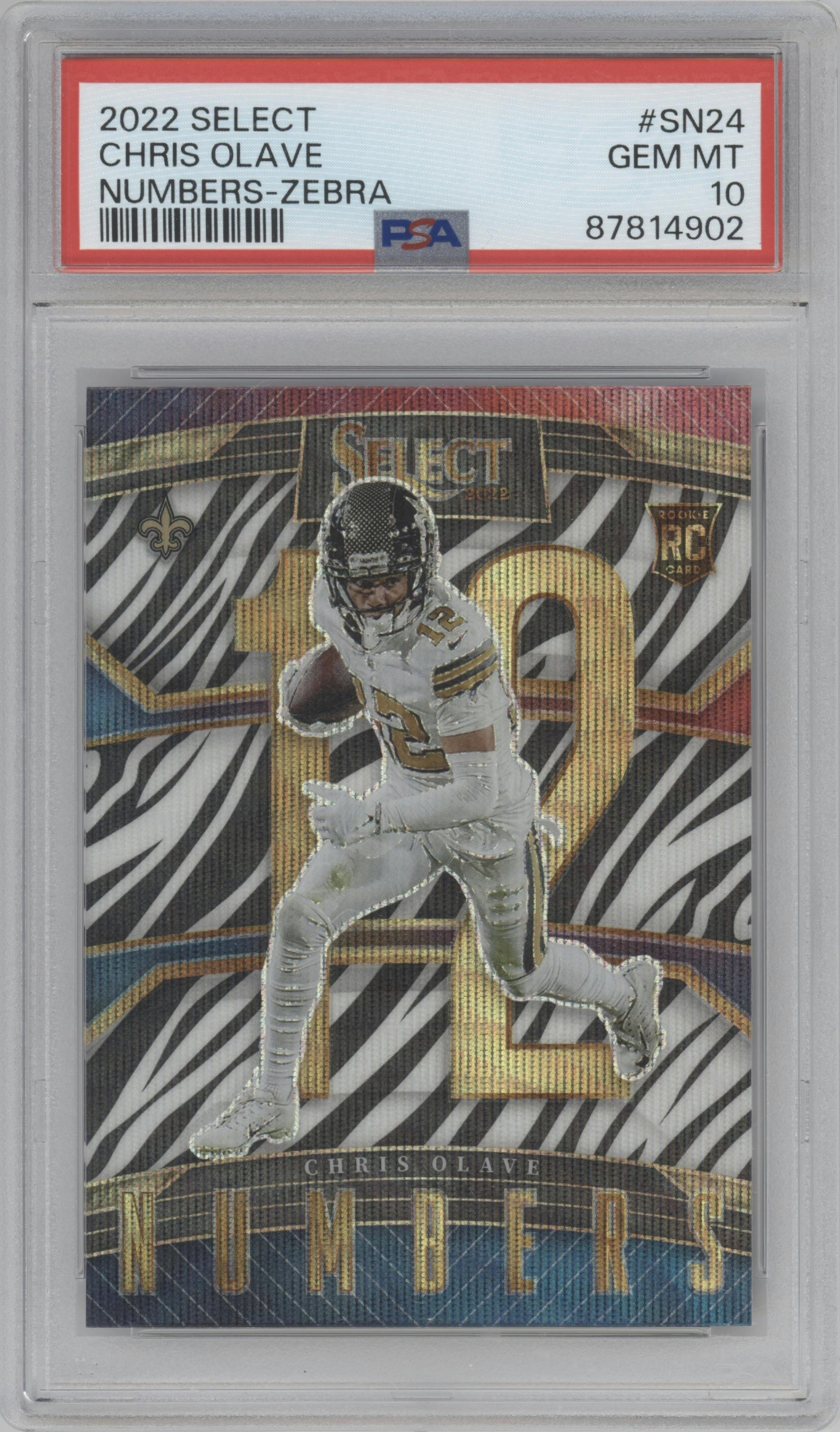 Chris Olave from the 2022 Panini Select set featuring a Zebra Prizm parallel graded by PSA and given an overall grade of 10.