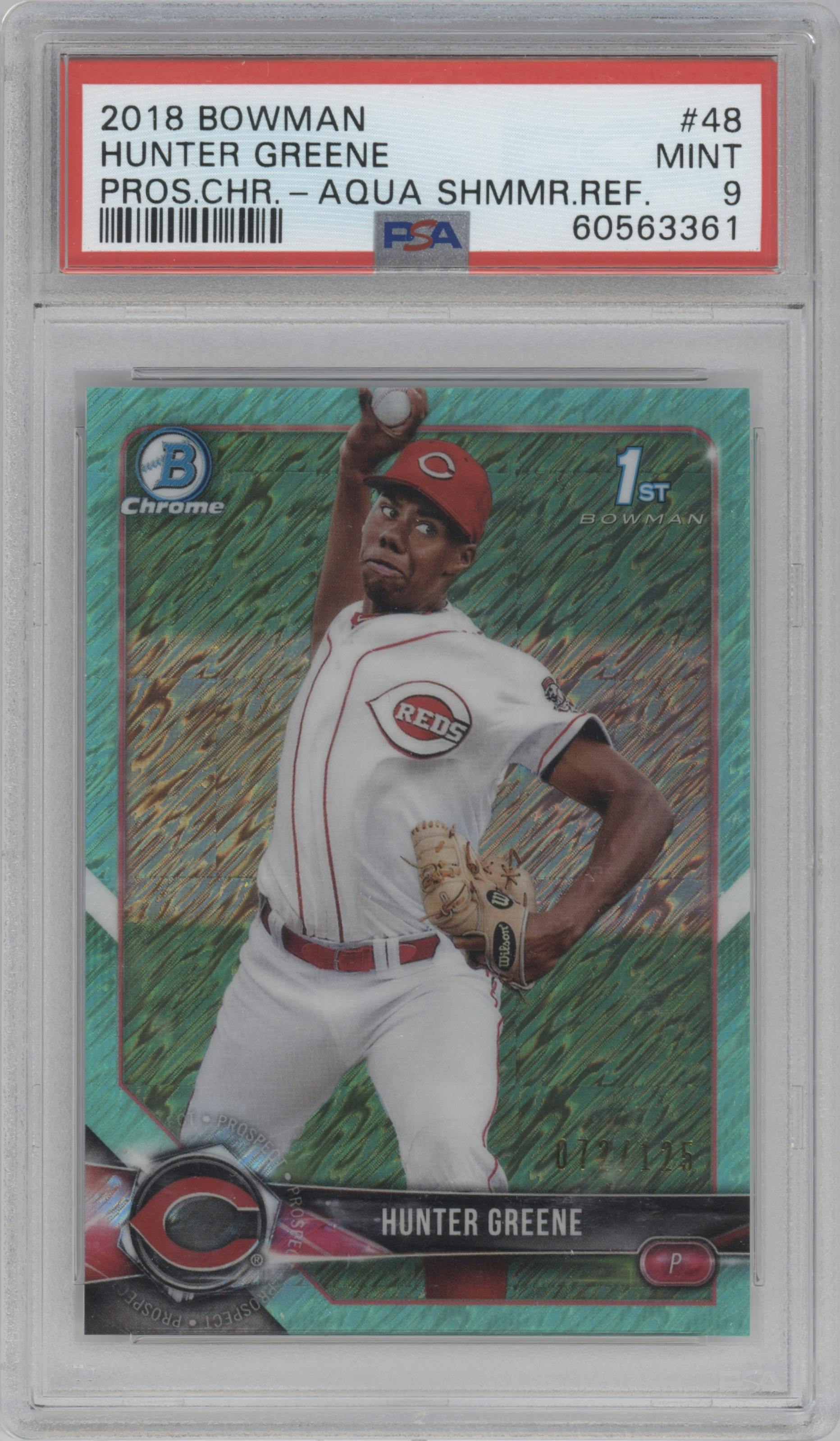Hunter Greene from the 2018 Bowman set featuring a Aqua Shimmer Refractor  parallel graded by PSA and given an overall grade of 9.