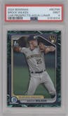 Brock Wilken from the 2024 Bowman set featuring a Aqua Lunar Refractor parallel graded by PSA and given an overall grade of 9.
