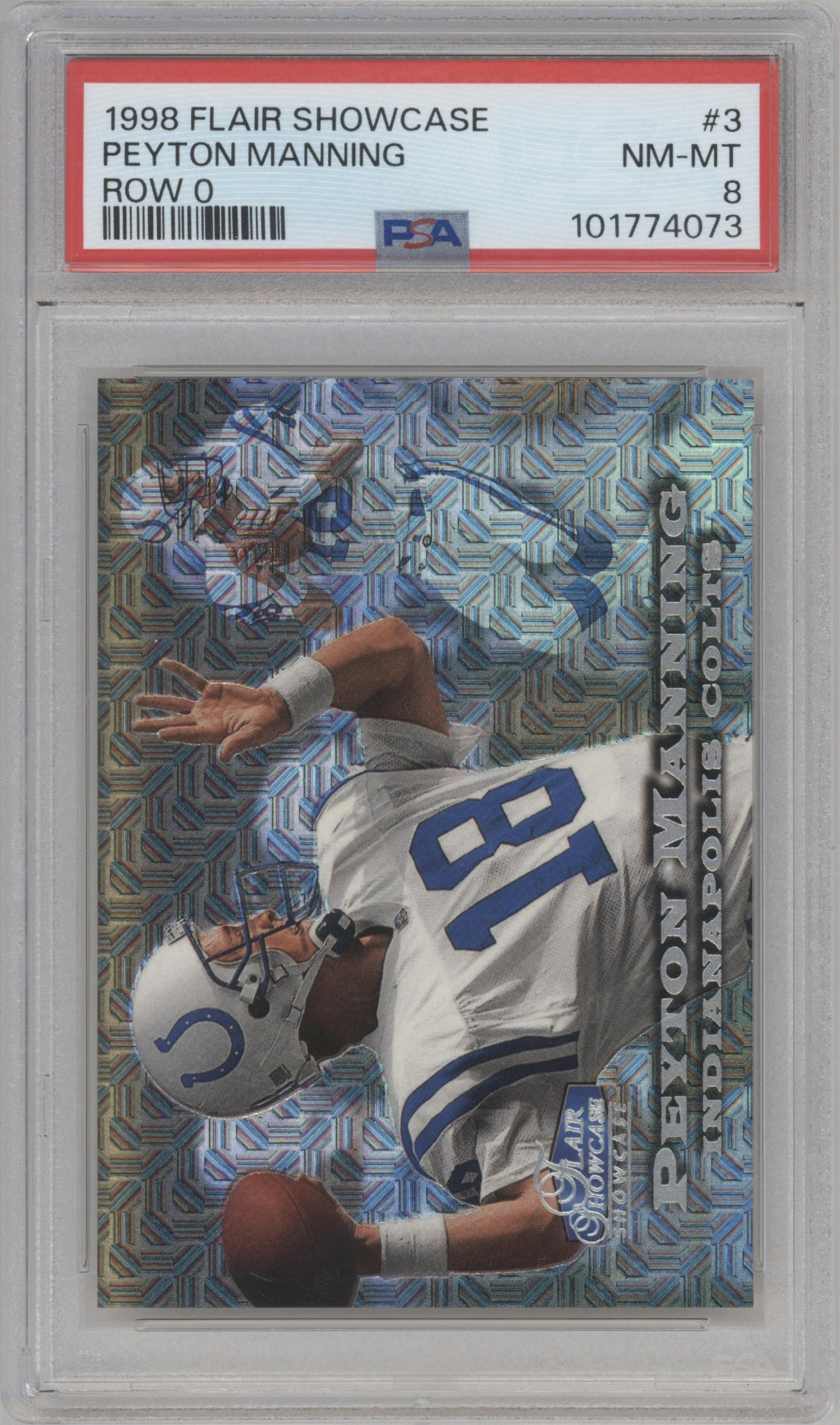 Peyton Manning from the 1998 Flair Showcase set featuring a Showpiece parallel graded by PSA and given an overall grade of 8.