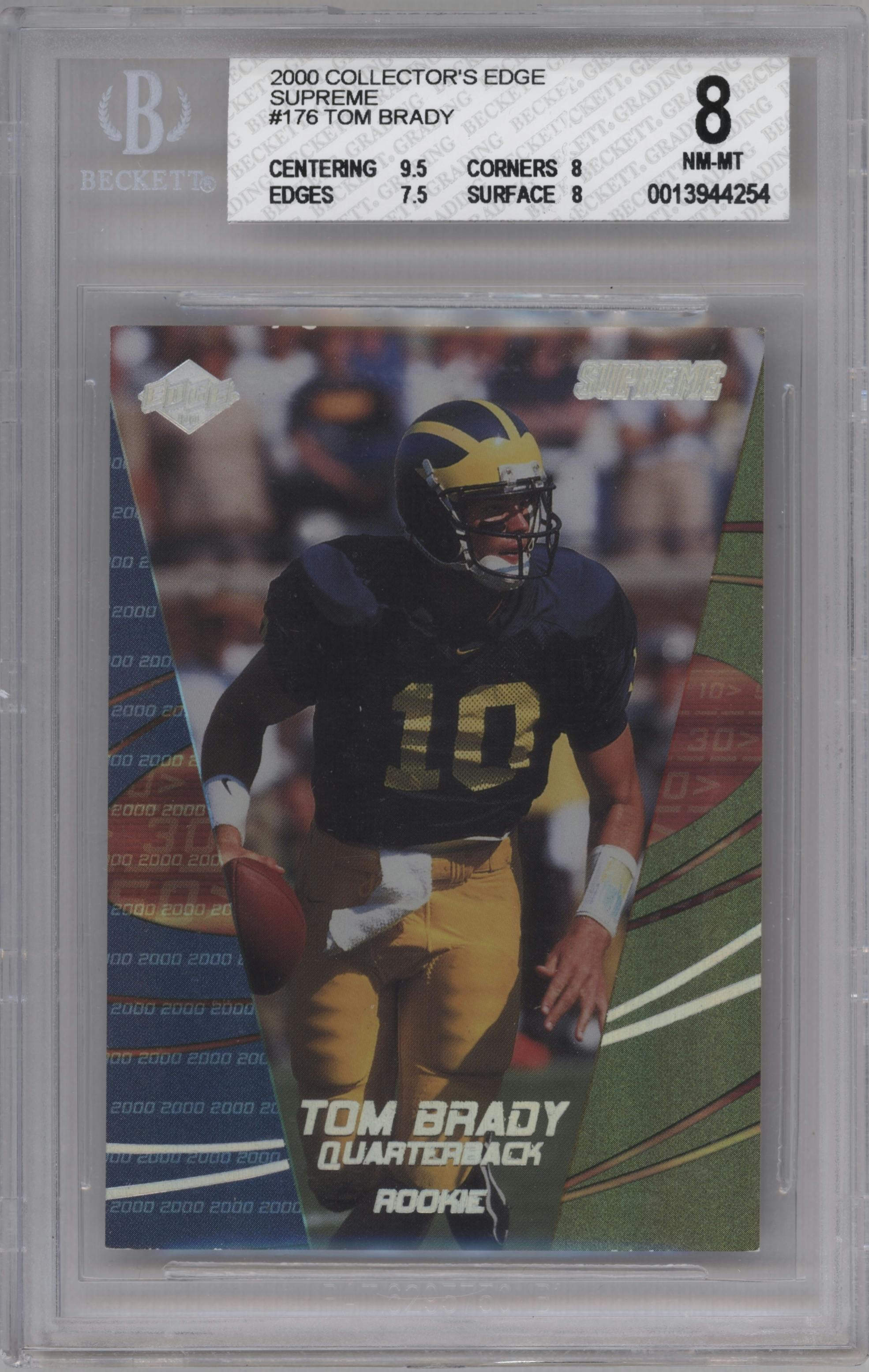 Tom Brady from the 2000 Collector's Edge Supreme set graded by Beckett and given an overall grade of 8.