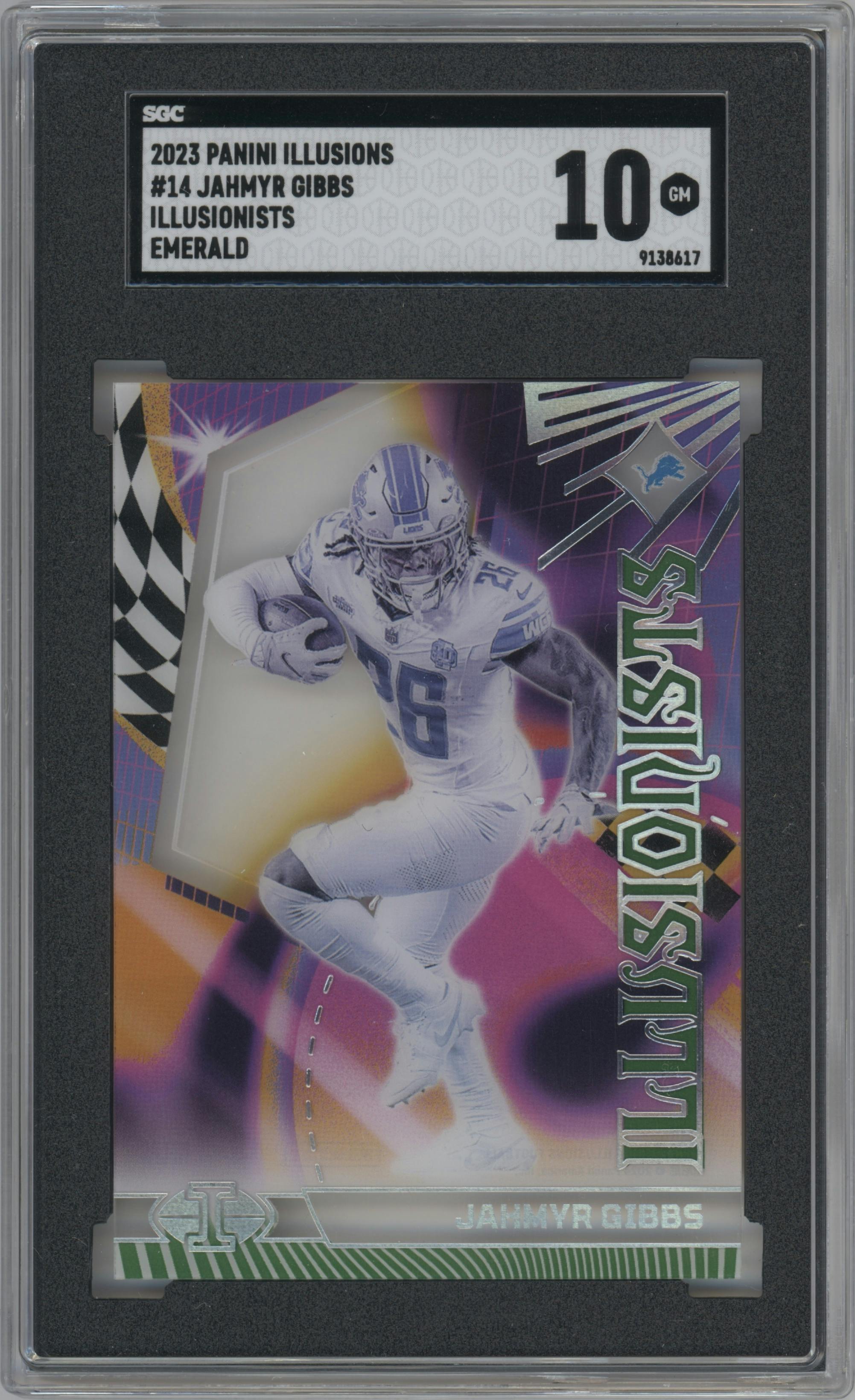 Jahmyr Gibbs from the 2023 Panini Illusions set featuring a Emerald parallel graded by SGC and given an overall grade of 10.
