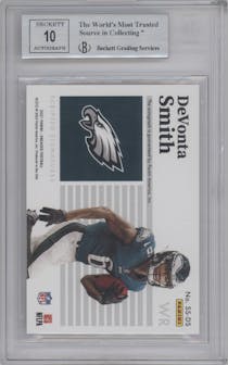 DeVonta Smith from the 2021 Panini Encased set featuring a Sapphire parallel graded by Beckett and given an overall grade of 9.