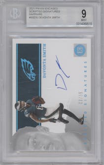 DeVonta Smith from the 2021 Panini Encased set featuring a Sapphire parallel graded by Beckett and given an overall grade of 9.