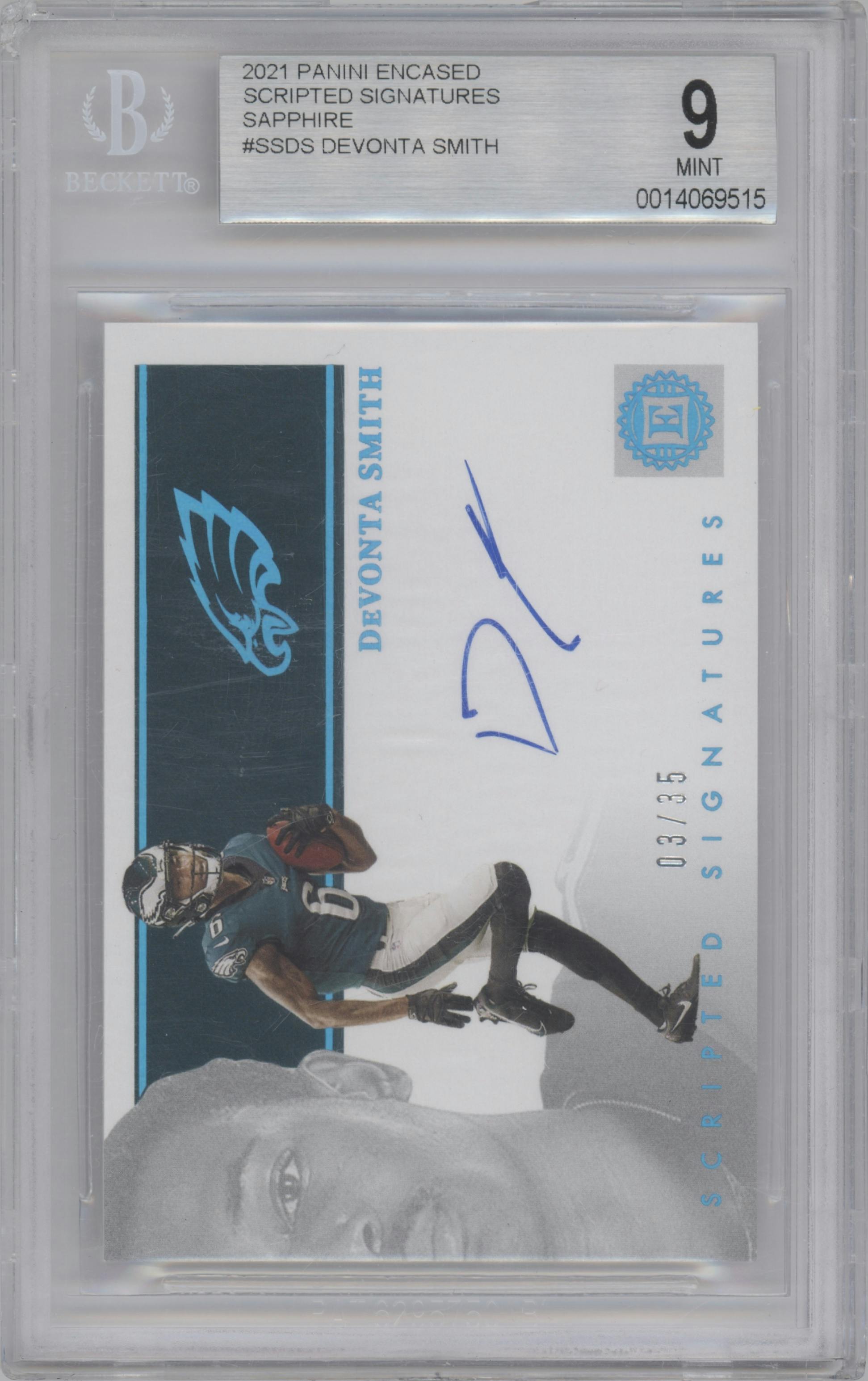 DeVonta Smith from the 2021 Panini Encased set featuring a Sapphire parallel graded by Beckett and given an overall grade of 9.