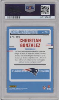 Christian Gonzalez from the 2023 Donruss Optic set featuring a Blue parallel graded by PSA and given an overall grade of 10.