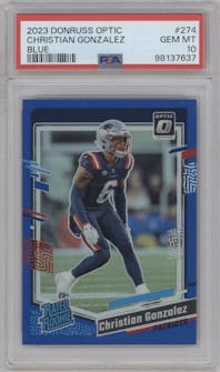 Christian Gonzalez from the 2023 Donruss Optic set featuring a Blue parallel graded by PSA and given an overall grade of 10.
