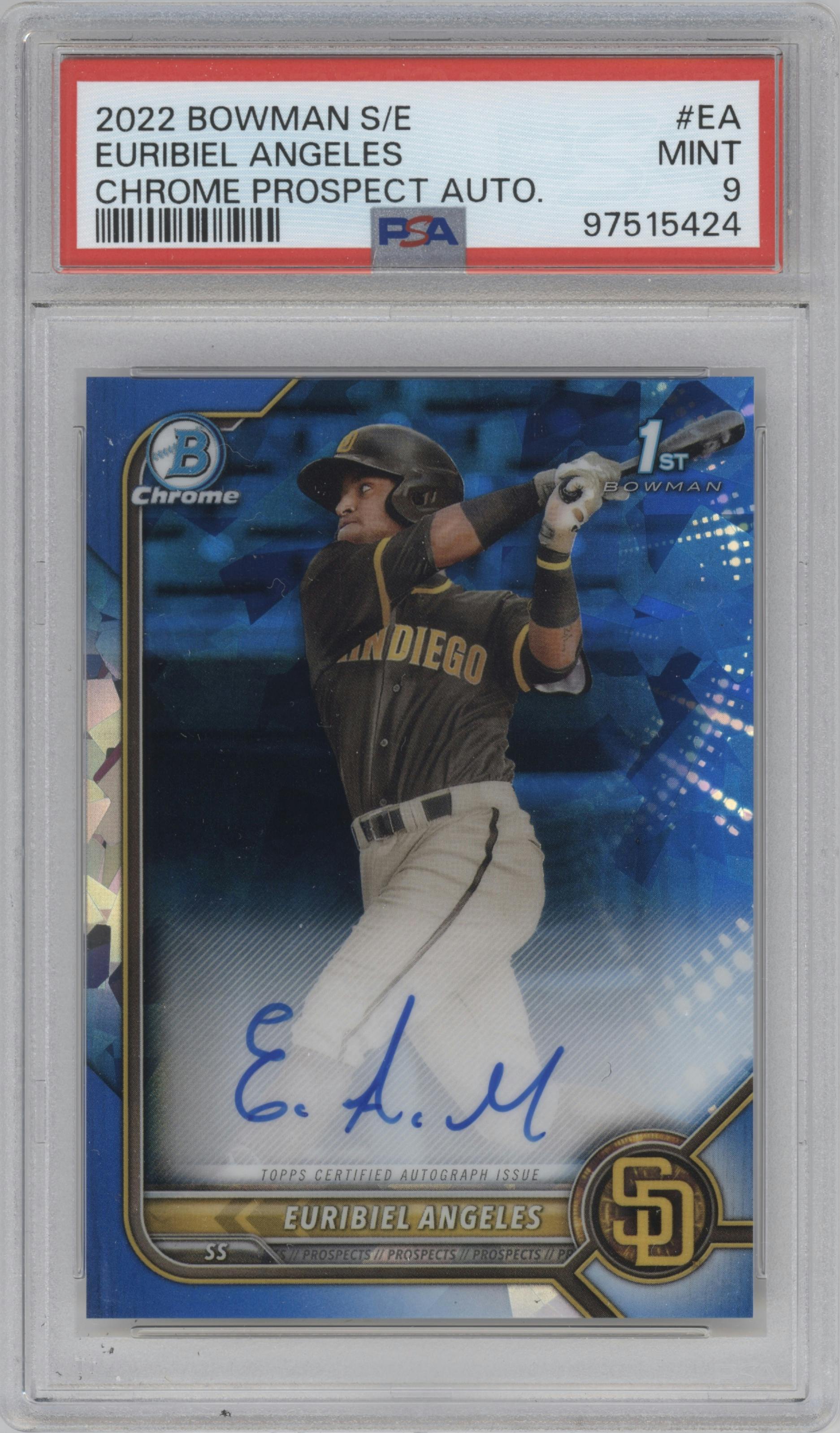 Euribiel Angeles from the 2022 Bowman Sapphire Edition set graded by PSA and given an overall grade of 9.