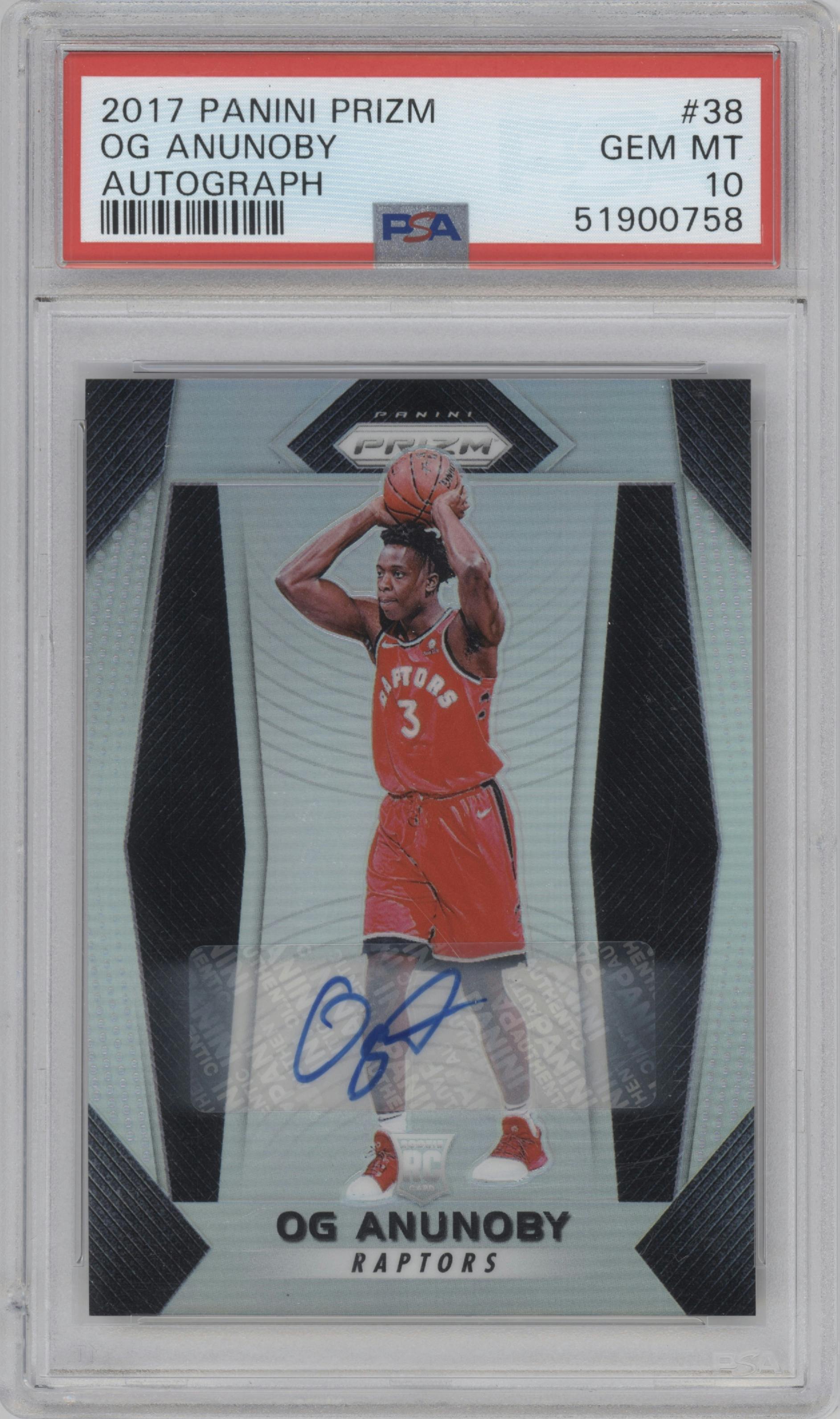 OG Anunoby from the 2017-18 Panini Prizm  set featuring a Silver Prizm parallel graded by PSA and given an overall grade of 10.
