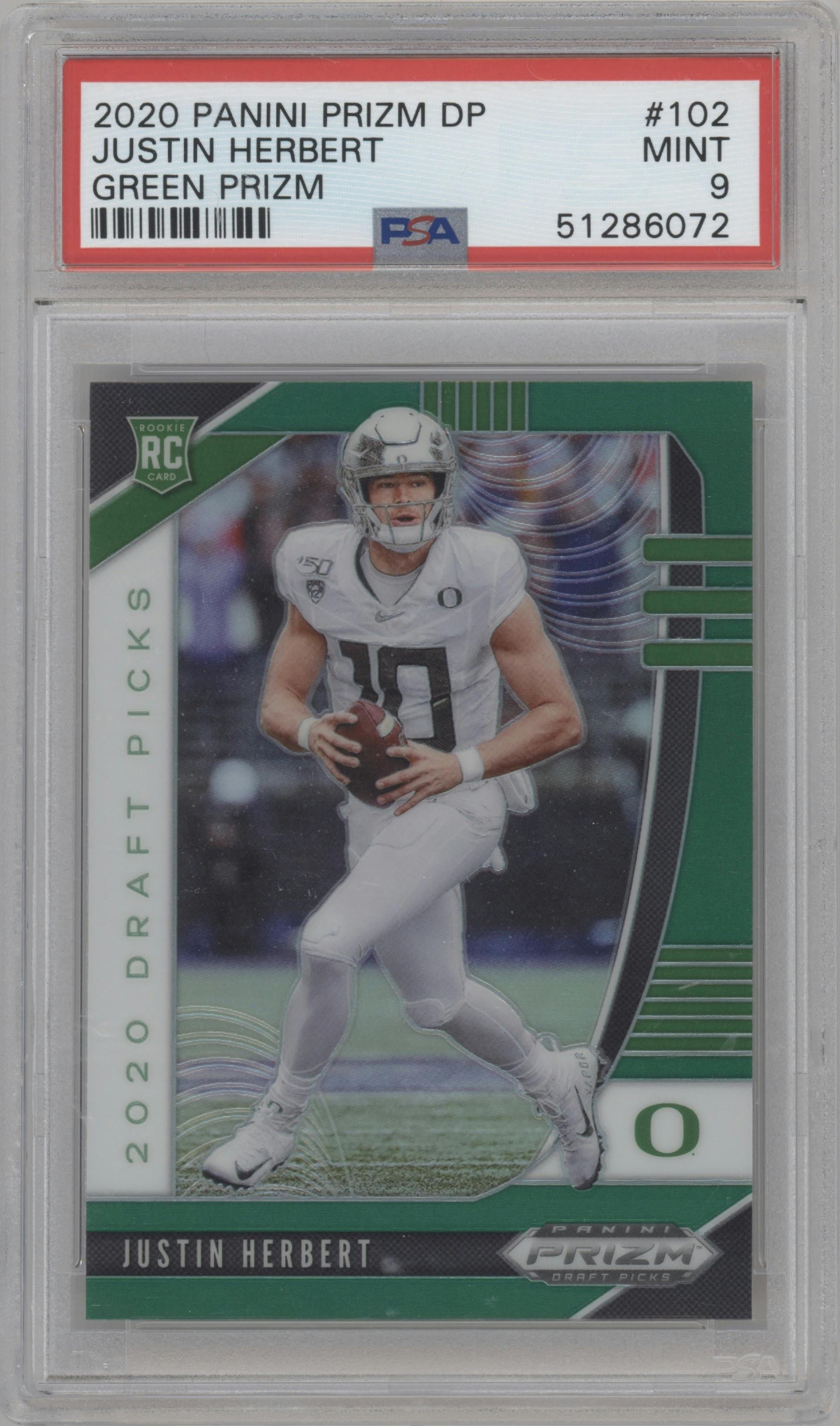 Justin Herbert from the 2020 Panini Prizm Draft Picks set featuring a Green Prizm parallel graded by PSA and given an overall grade of 9.