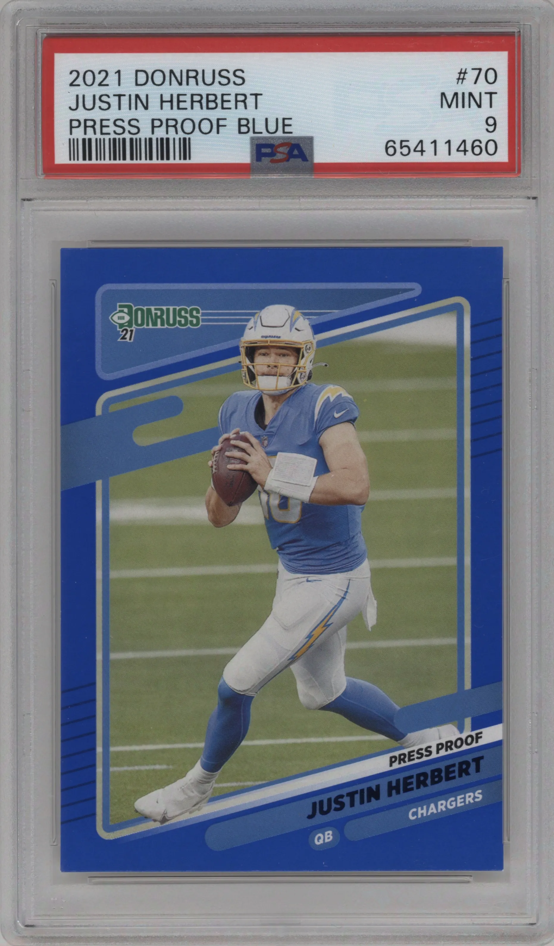2021 Panini Donruss Justin Herbert Press Proof Blue #70 PSA 9