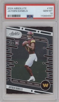 Jayden Daniels from the 2024 Panini Absolute set graded by PSA and given an overall grade of 10.