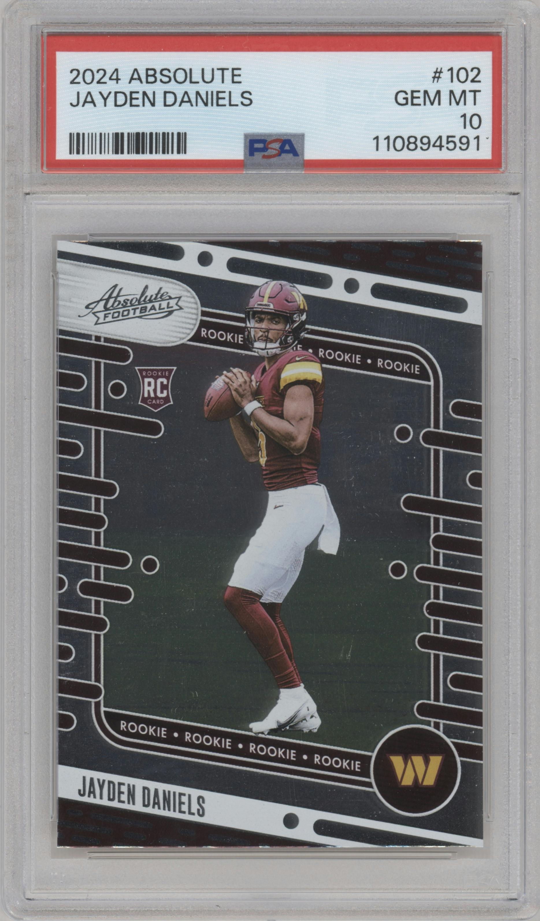 Jayden Daniels from the 2024 Panini Absolute set graded by PSA and given an overall grade of 10.