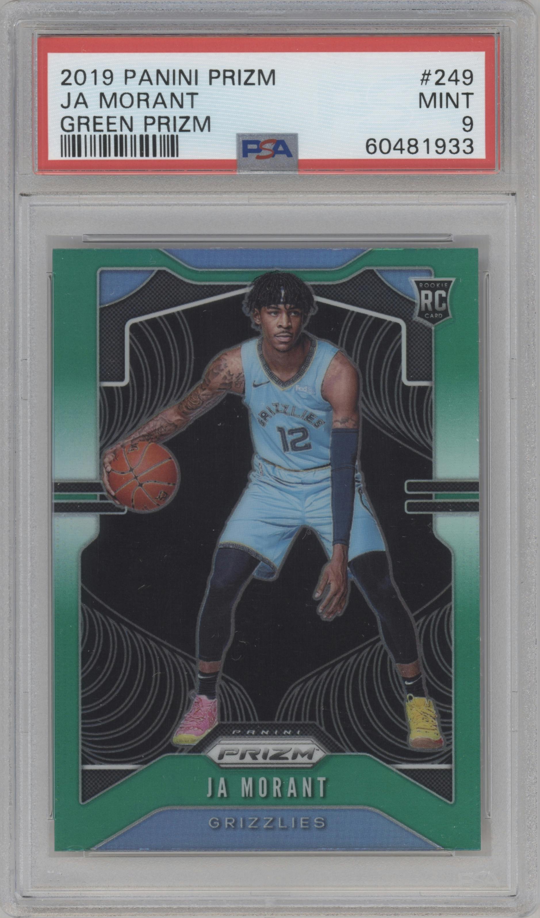 Ja Morant from the 2019-20 Panini Prizm set featuring a Green Prizm parallel graded by PSA and given an overall grade of 9.