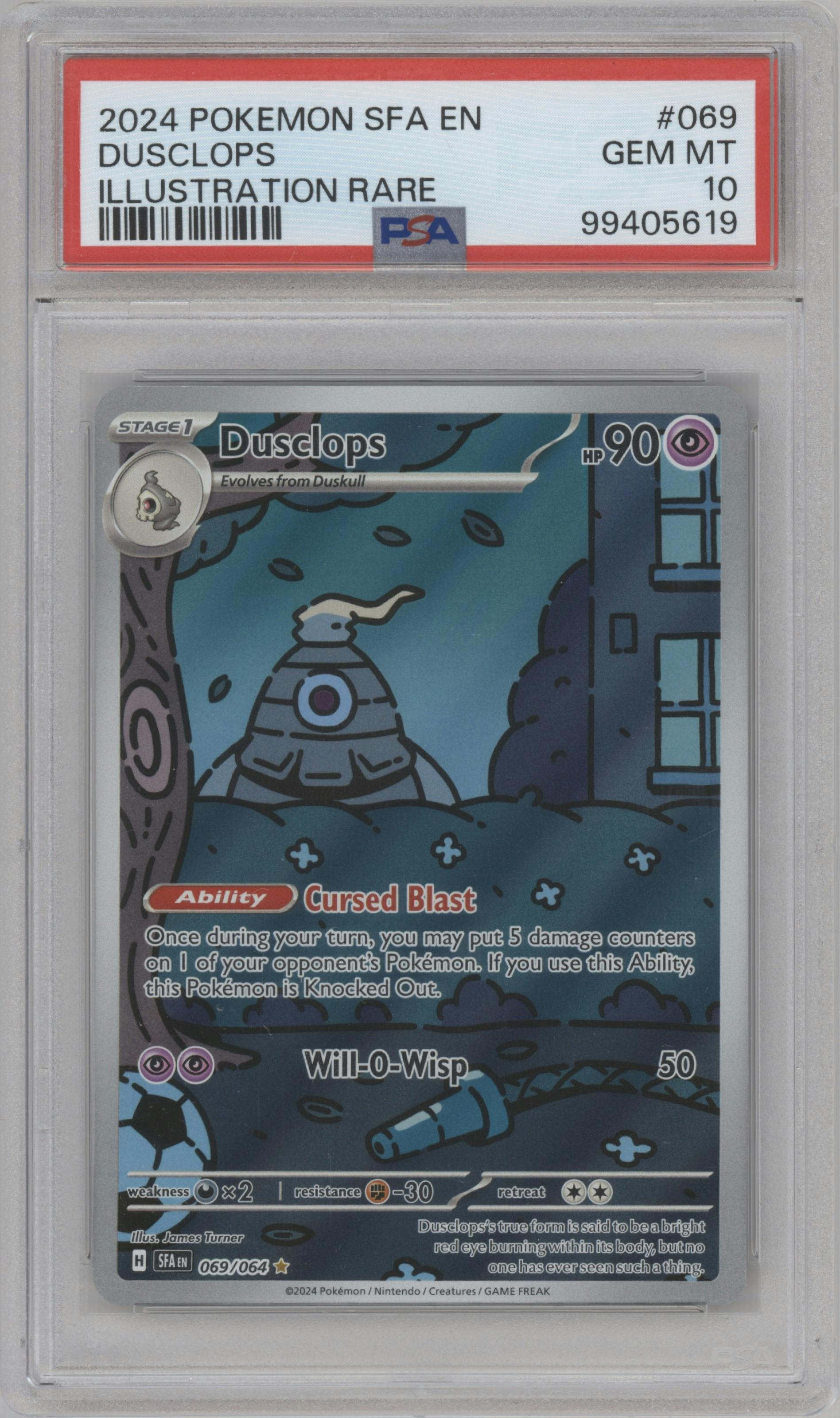 Dusclops from the 2024 Pokemon SV set graded by PSA and given an overall grade of 10.