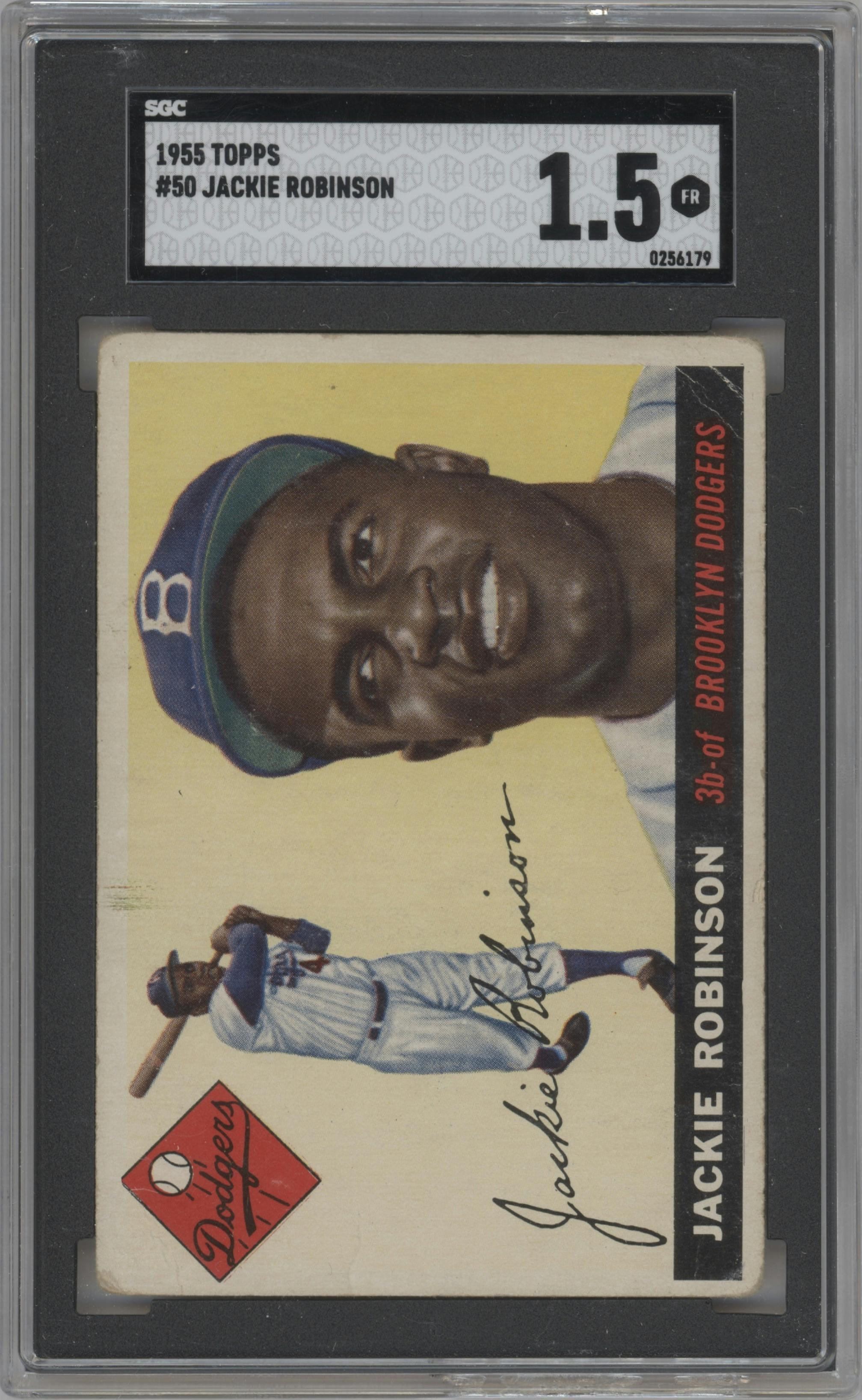 Jackie Robinson from the 1955 Topps set graded by SGC and given an overall grade of 1.5.