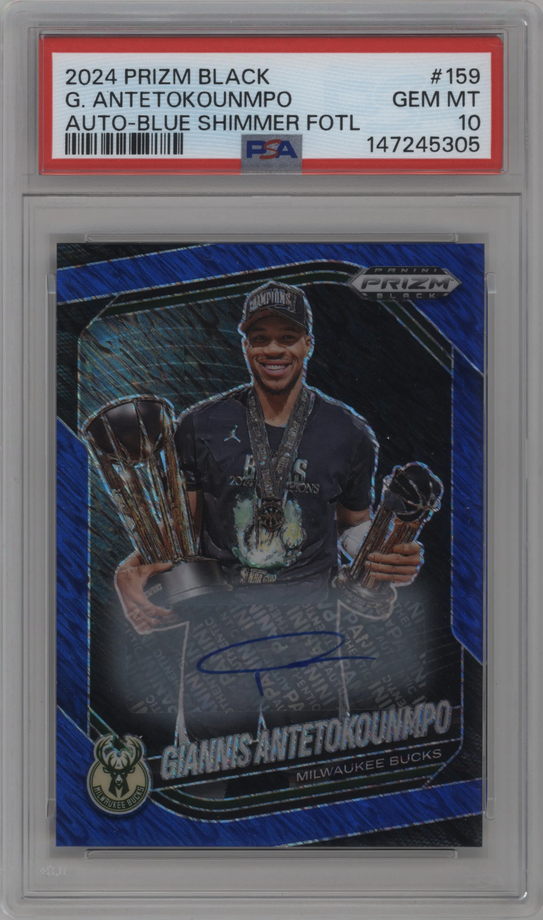 Giannis Antetokounmpo from the 2024-25 Panini Prizm Black set featuring a Blue Shimmer FOTL parallel graded by PSA and given an overall grade of 10.