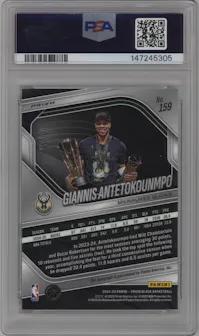 Giannis Antetokounmpo from the 2024-25 Panini Prizm Black set featuring a Blue Shimmer FOTL parallel graded by PSA and given an overall grade of 10.