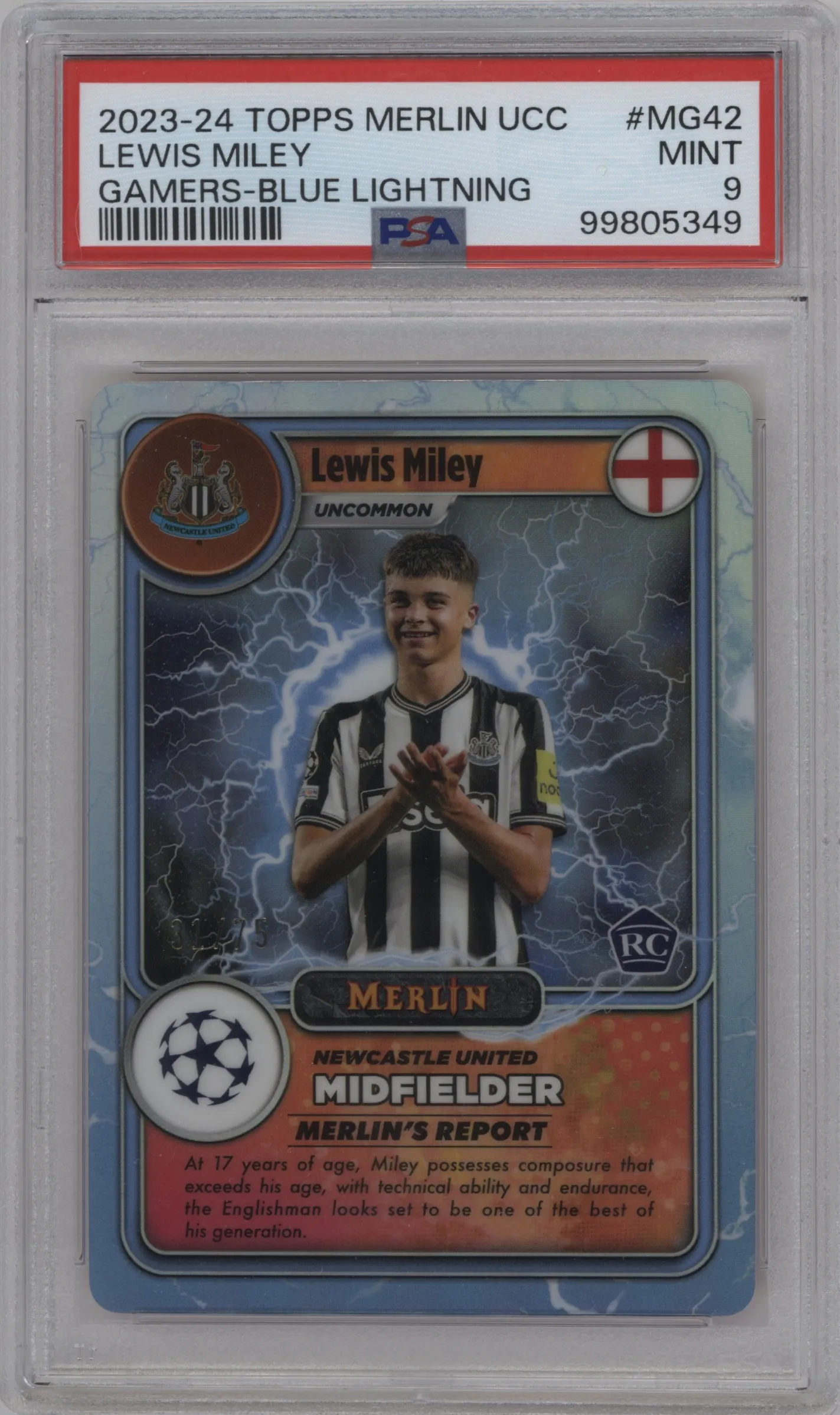 2023 Topps Merlin UEFA Club Competitions Merlin's Gamers Lewis Miley Lightning Blue Refractor #MG-42 PSA 9