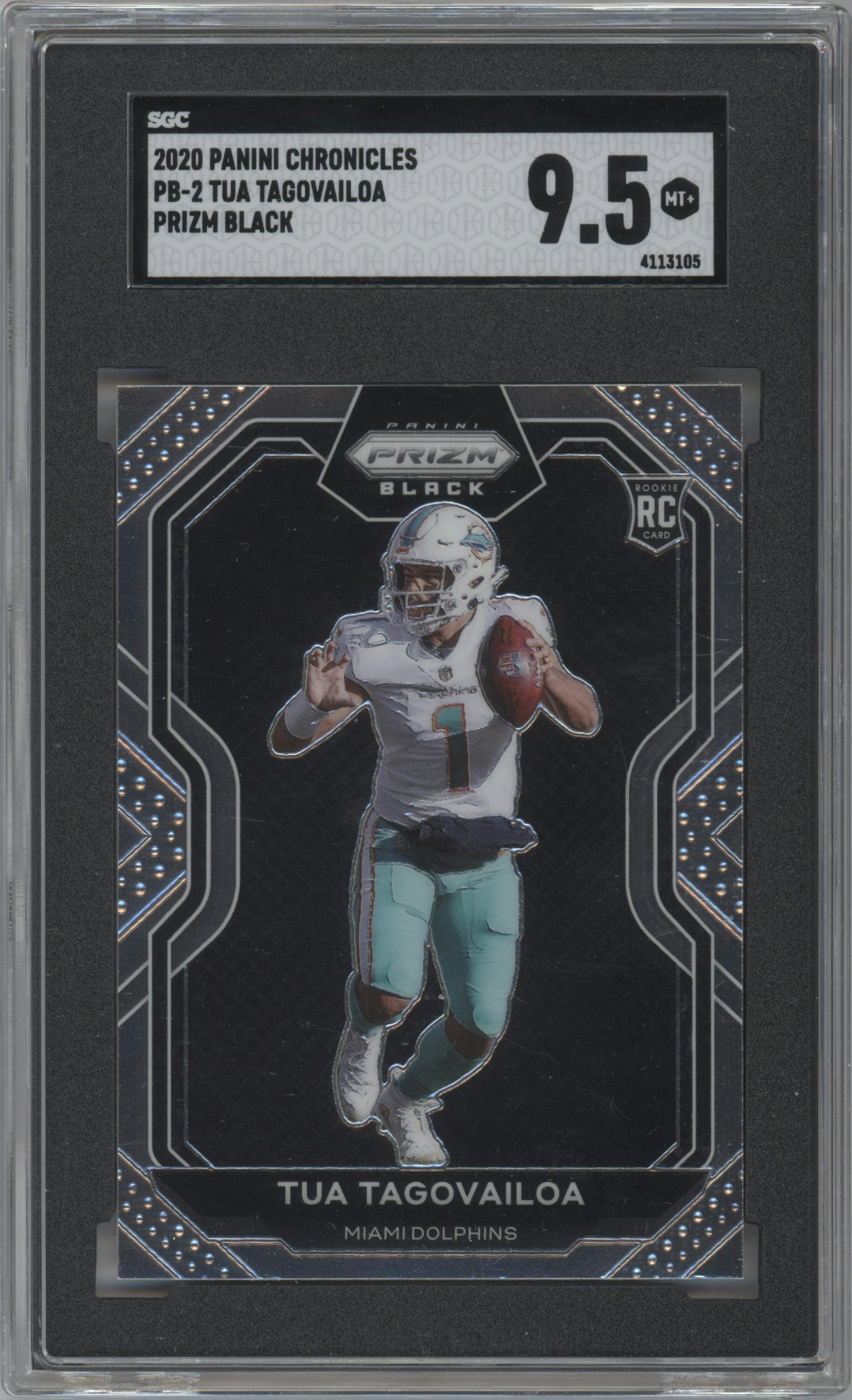 Tua Tagovailoa from the 2020 Panini Chronicles set graded by SGC and given an overall grade of 9.5.