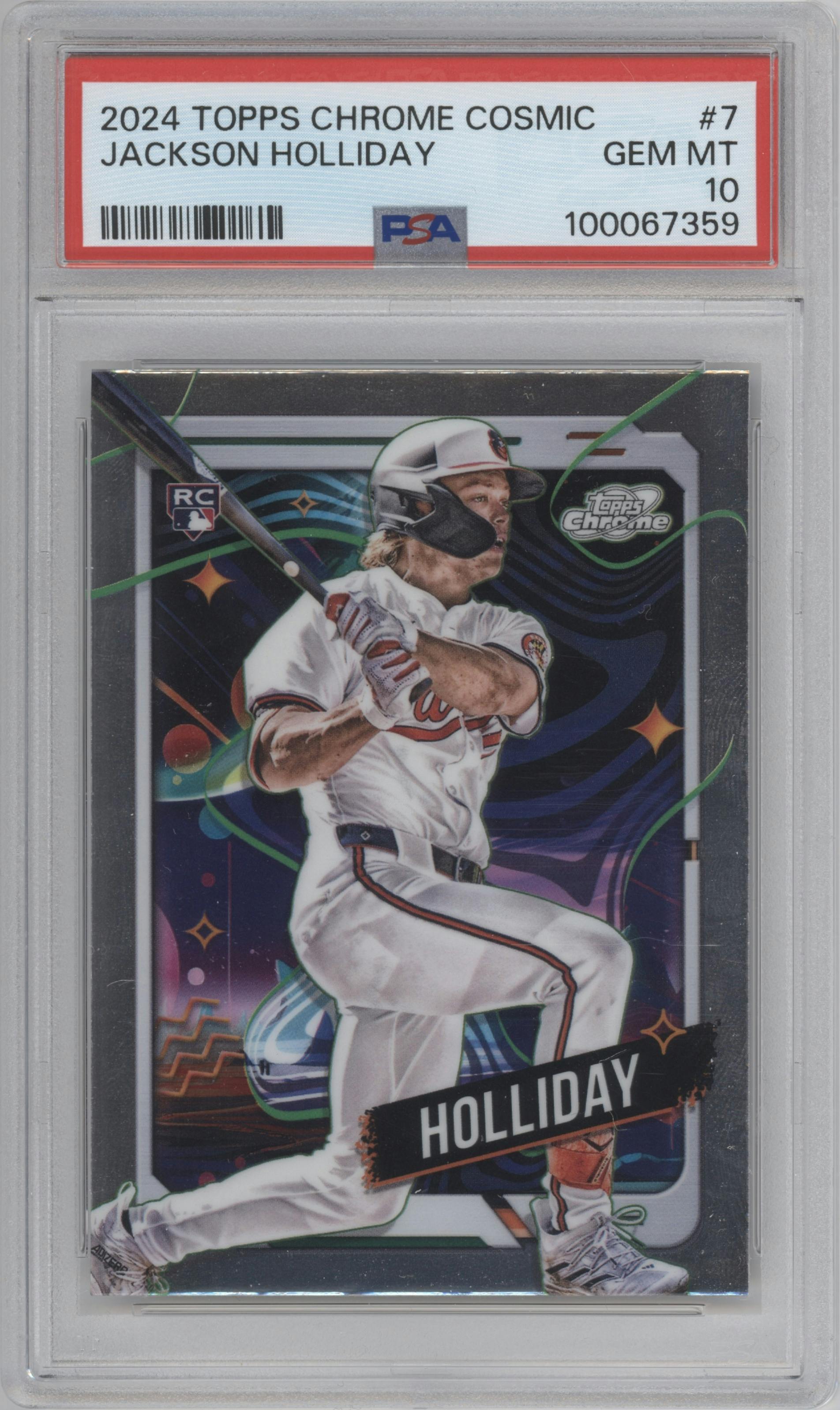 Jackson Holliday from the 2024 Topps Cosmic Chrome set graded by PSA and given an overall grade of 10.