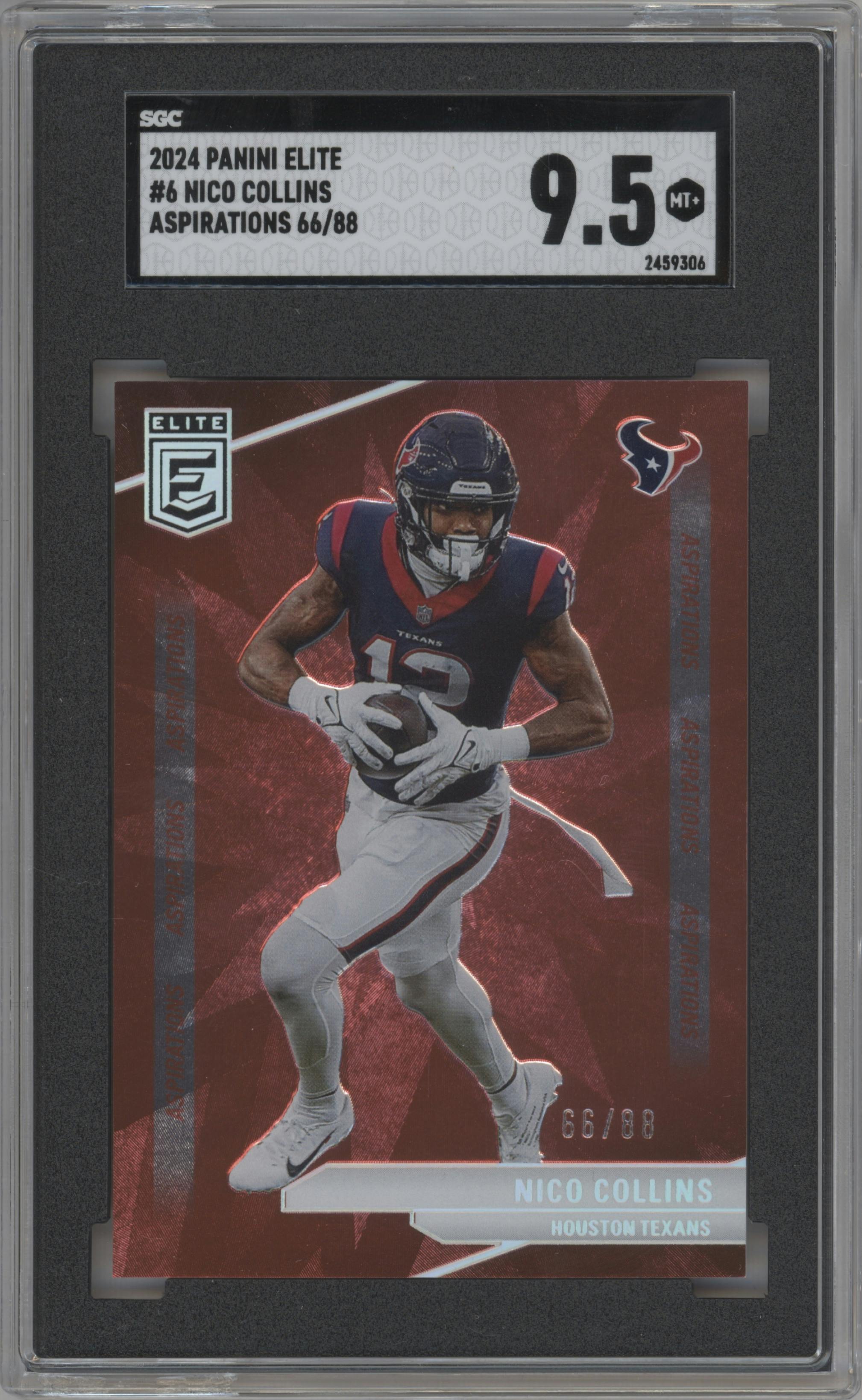 Nico Collins from the 2024 Panini Donruss Elite set featuring a Aspirations parallel graded by SGC and given an overall grade of 9.5.