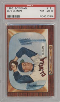 Bob Lemon from the 1955 Bowman set graded by PSA and given an overall grade of 8.
