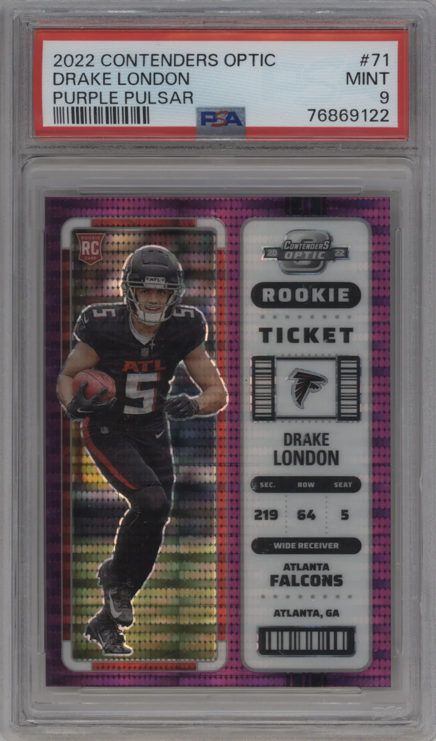 2022 Panini Contenders Optic Rke.Tkt. Drake London Purple Pulsar PSA 9