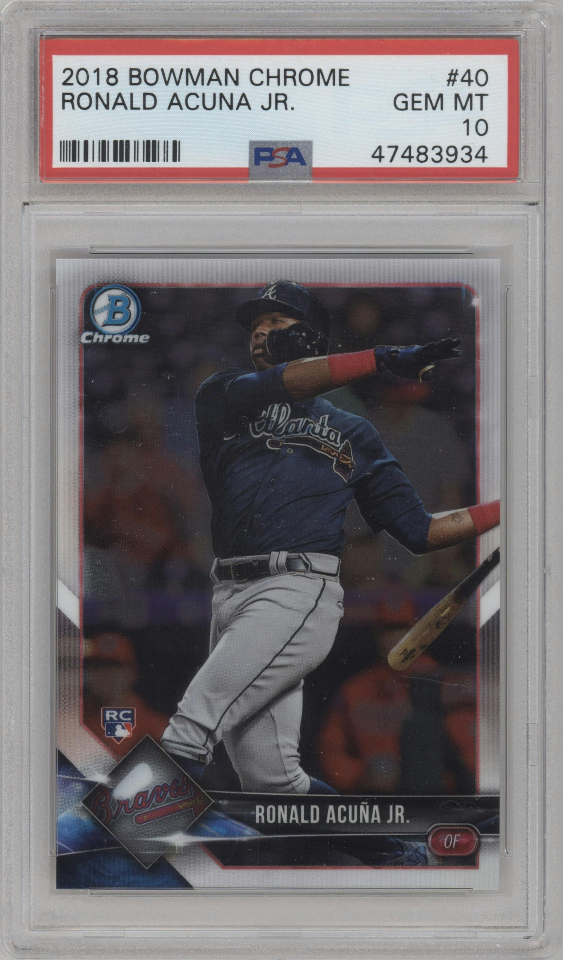 Ronald Acuna Jr. from the 2018 Bowman Chrome set graded by PSA and given an overall grade of 10.