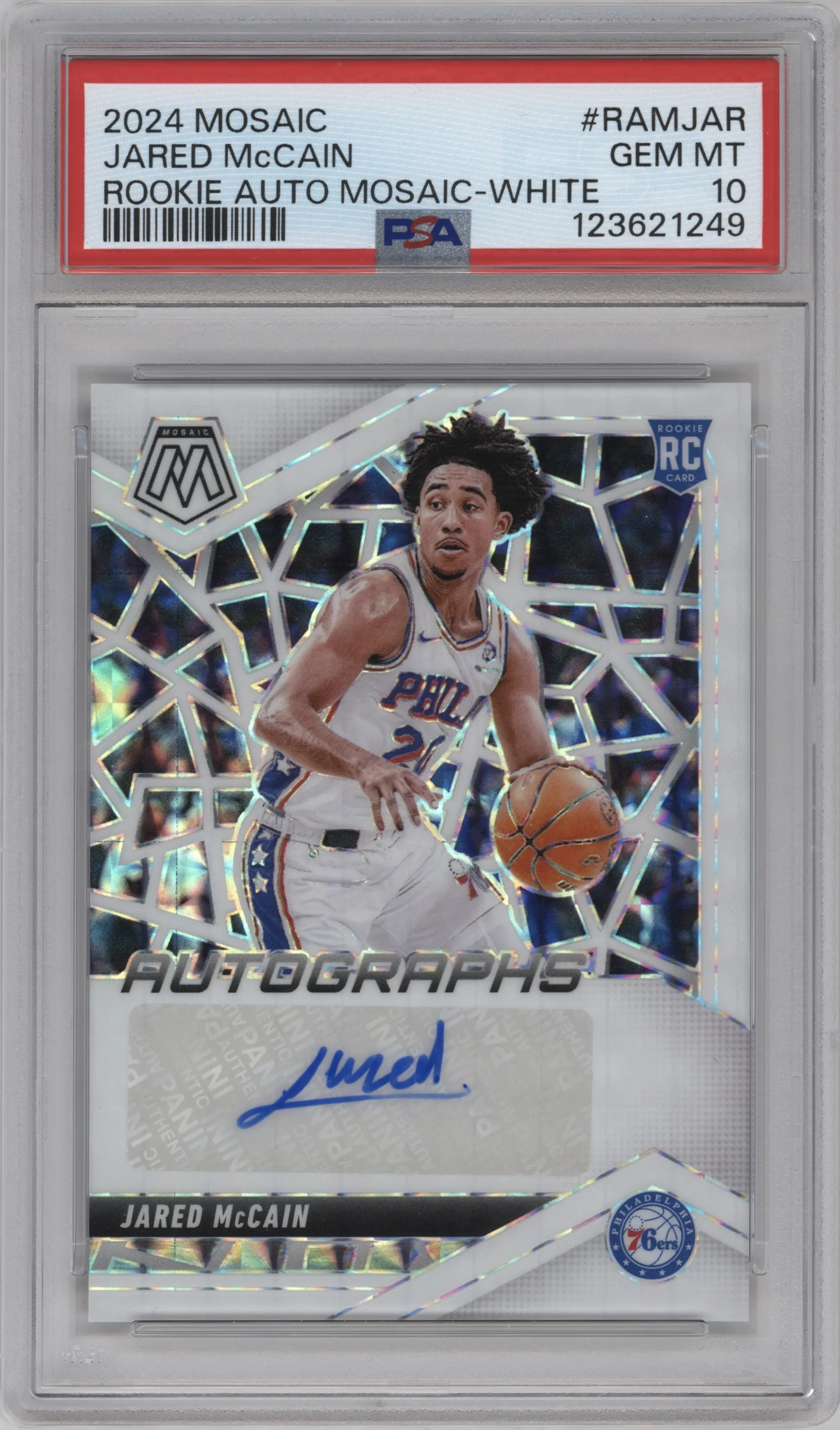 Jared McCain from the 2024-25 Panini Mosaic set featuring a White parallel graded by PSA and given an overall grade of 10.