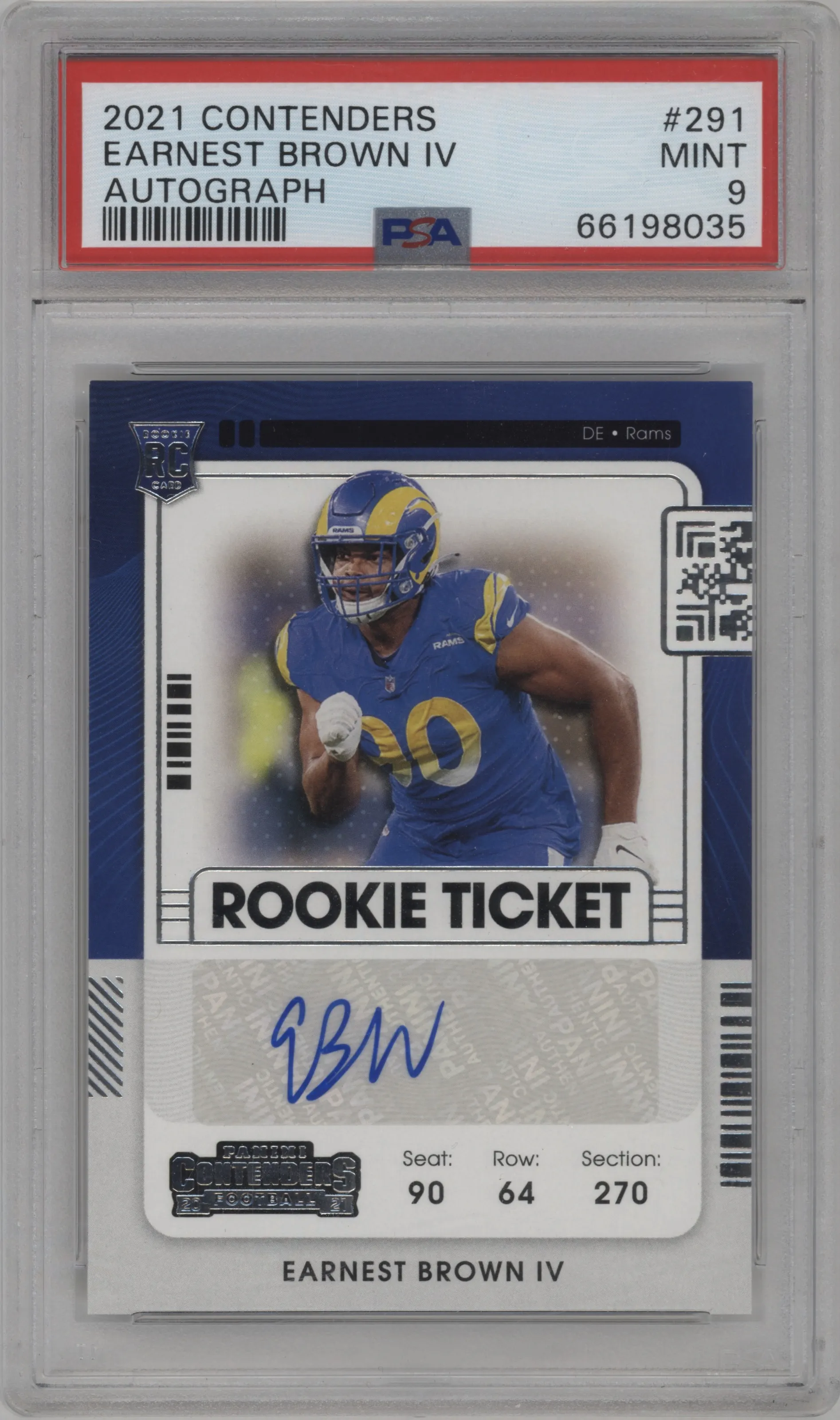2021 Panini Contenders Rke.Tkt.Auto Earnest Brown IV #291 PSA 9