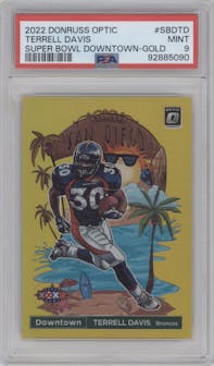 Terrell Davis from the 2022 Panini Donruss Optic set featuring a Gold parallel graded by PSA and given an overall grade of 9.