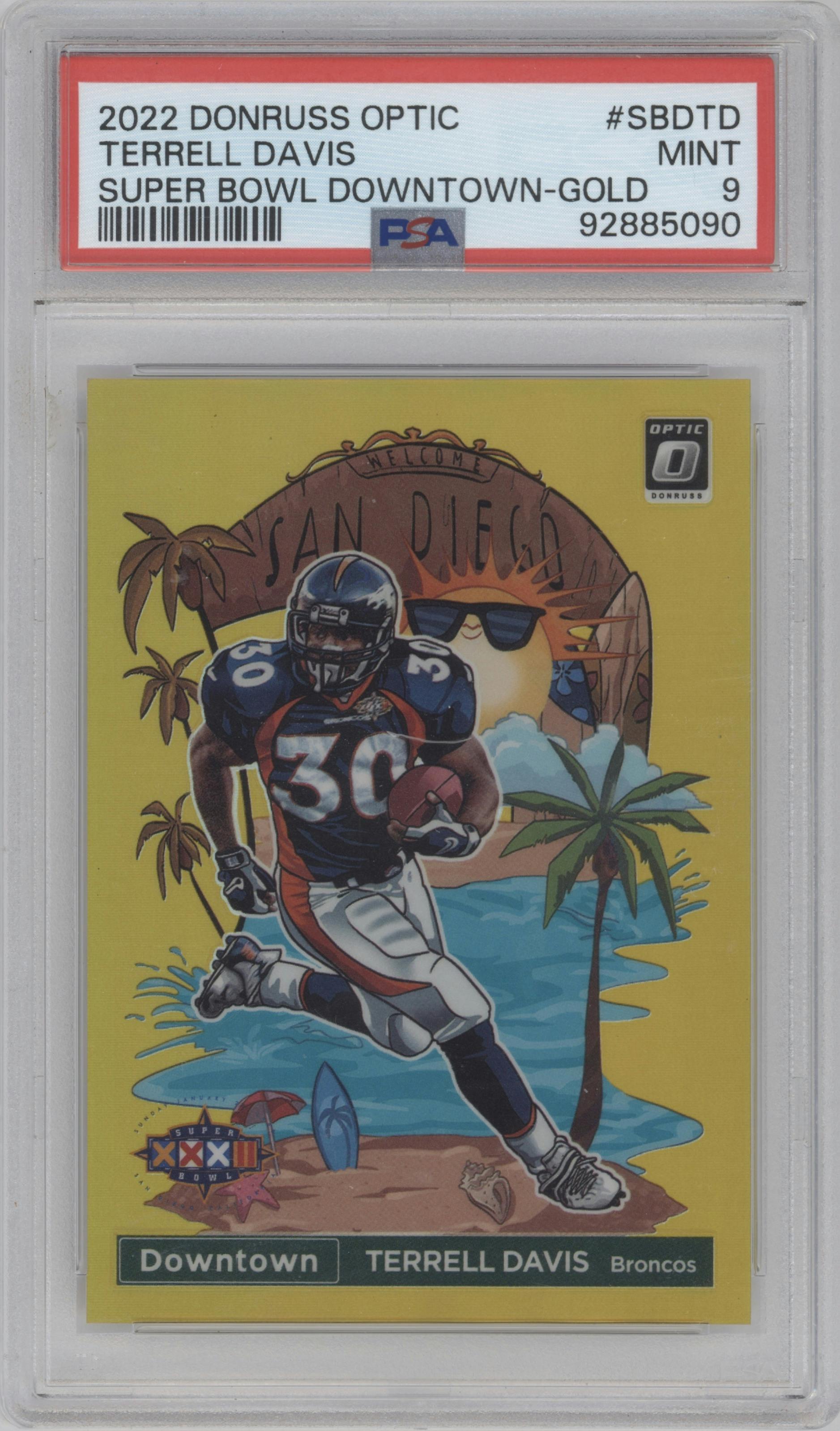 Terrell Davis from the 2022 Panini Donruss Optic set featuring a Gold parallel graded by PSA and given an overall grade of 9.