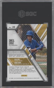 Oneil Cruz from the 2017 Panini Elite Extra Edition set featuring a Tie Dye parallel graded by SGC and given an overall grade of 10.