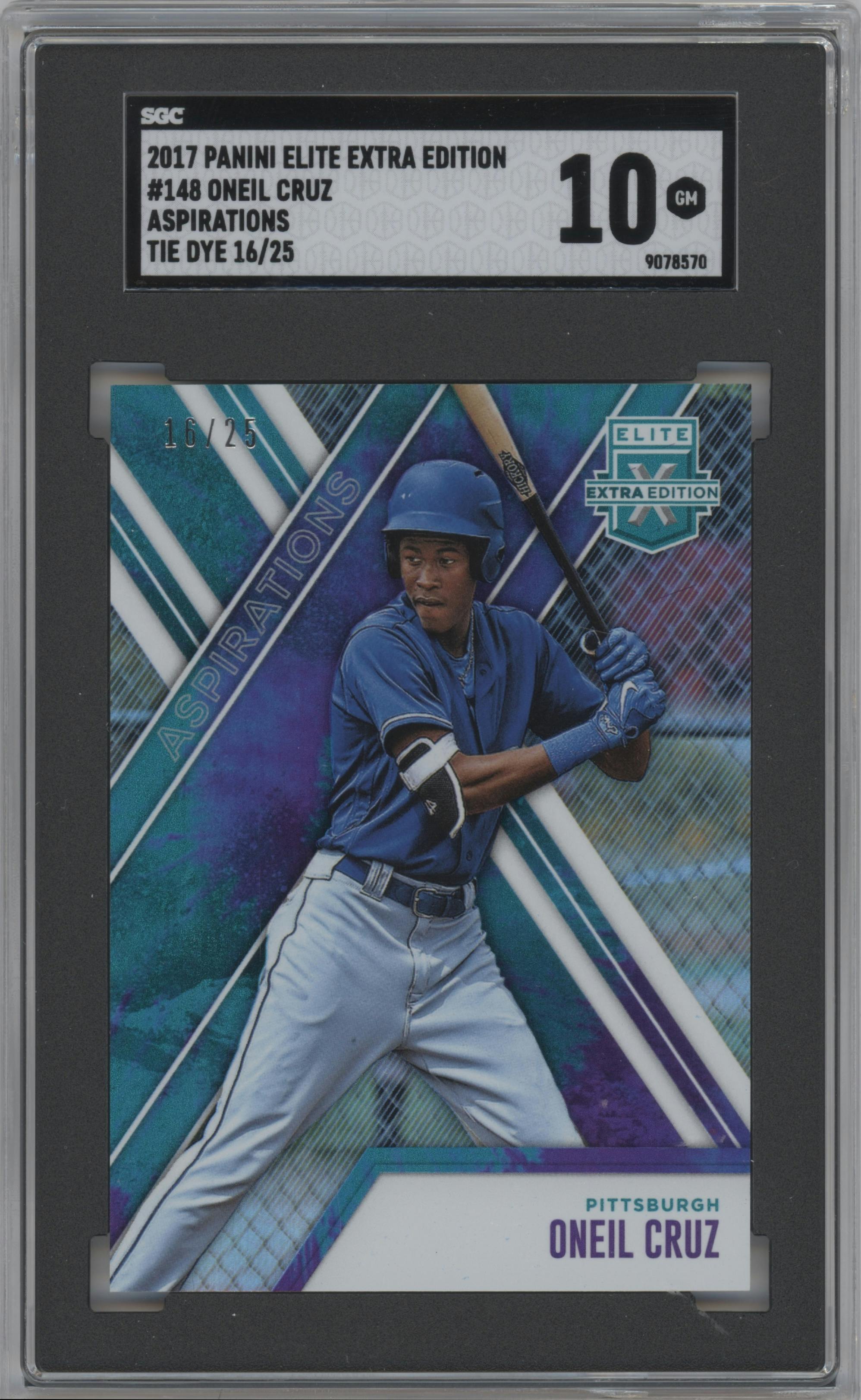 Oneil Cruz from the 2017 Panini Elite Extra Edition set featuring a Tie Dye parallel graded by SGC and given an overall grade of 10.