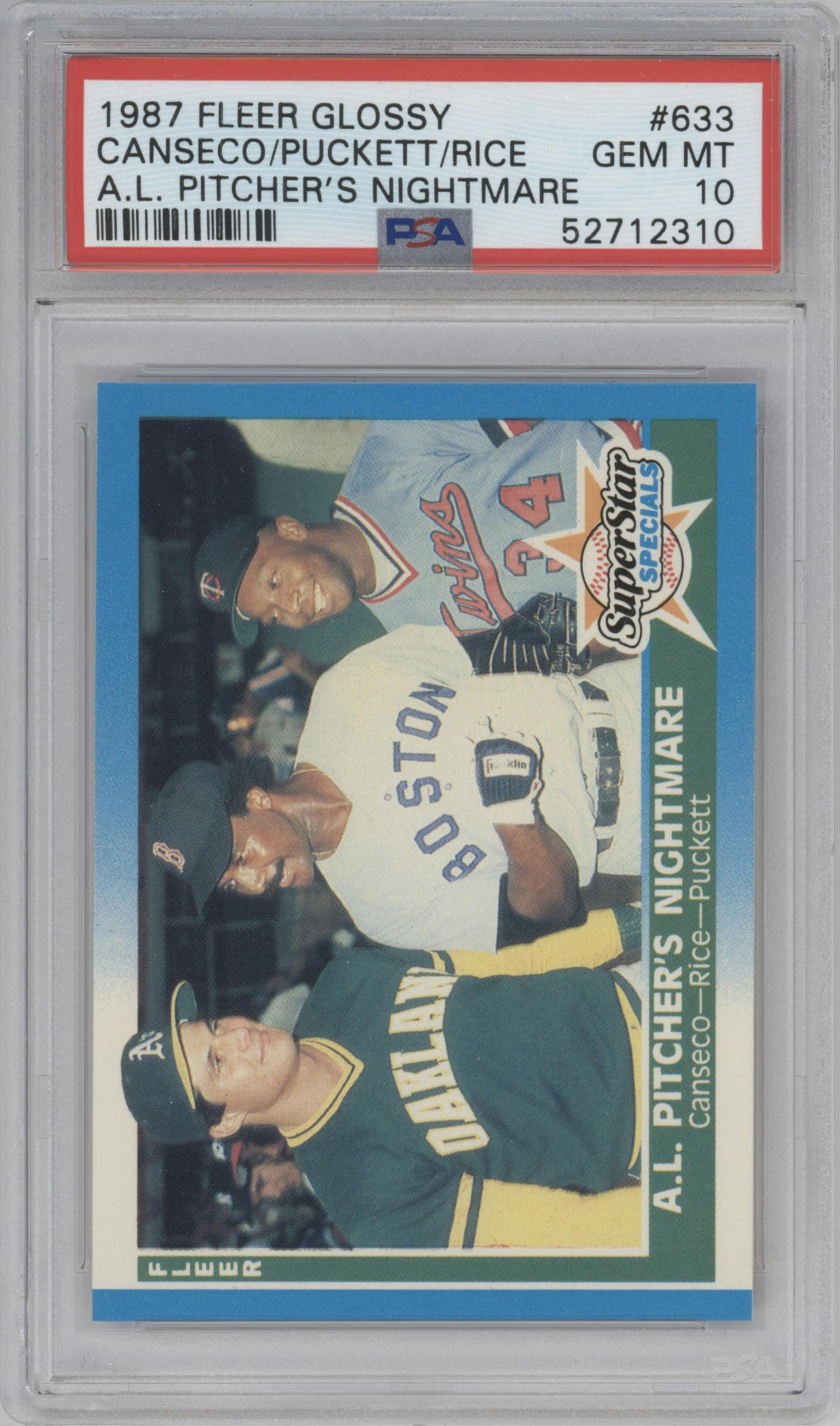 Jose Canseco/Jim Rice/Kirby Puckett from the 1987 Fleer set featuring a Glossy parallel graded by PSA and given an overall grade of 10.