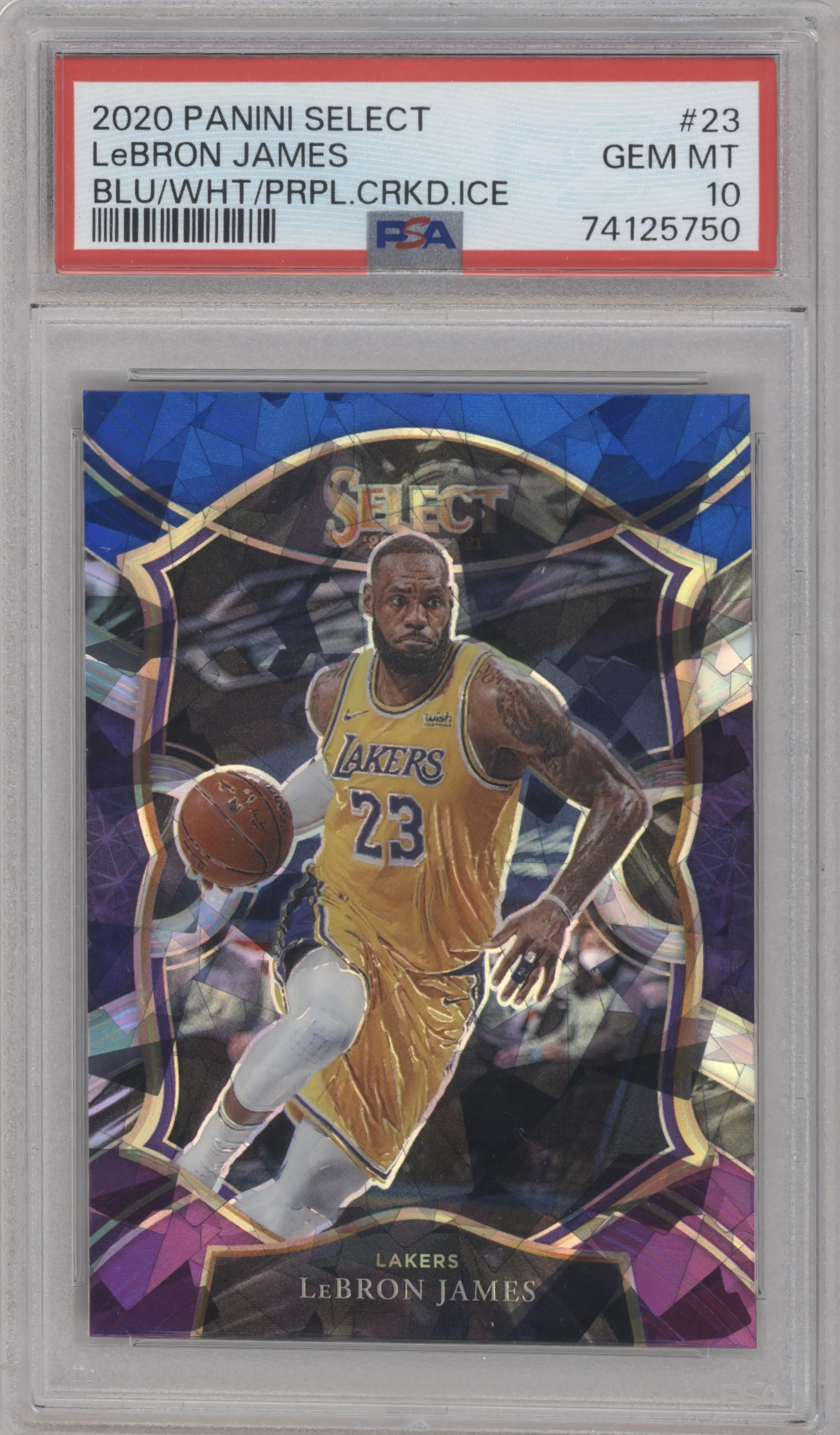 2020 Panini Select LeBron James Blue/White/Purple Cracked Ice #23 PSA 10