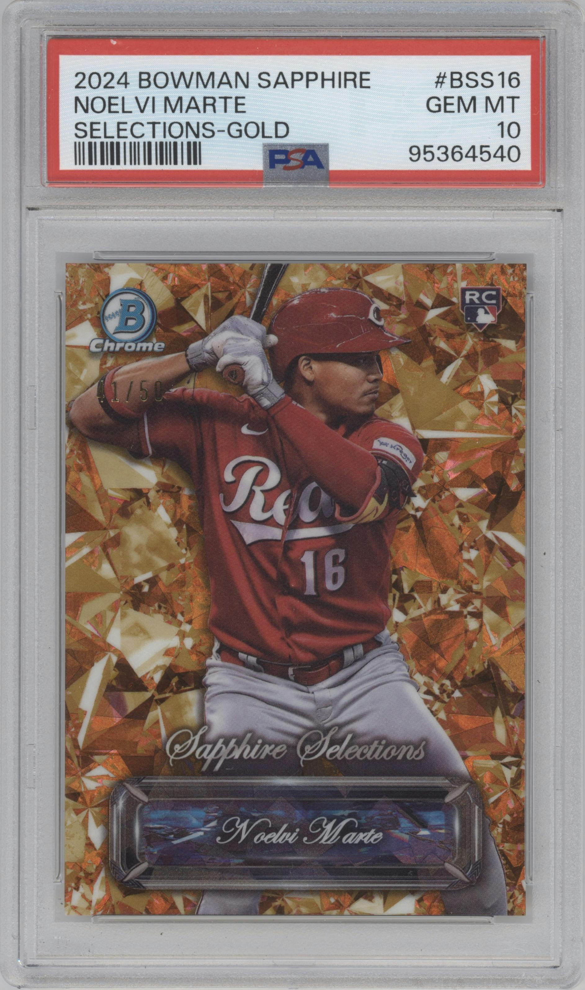 Noelvi Marte from the 2024 Bowman Sapphire Edition set featuring a Gold Refractor parallel graded by PSA and given an overall grade of 10.